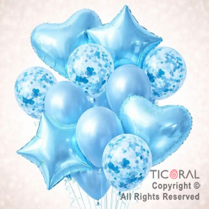 SET DE GLOBOS METALIZADOS ESTRELLA CORAZON CONFETI Y LATEX CELESTE x 14 UNIDADES